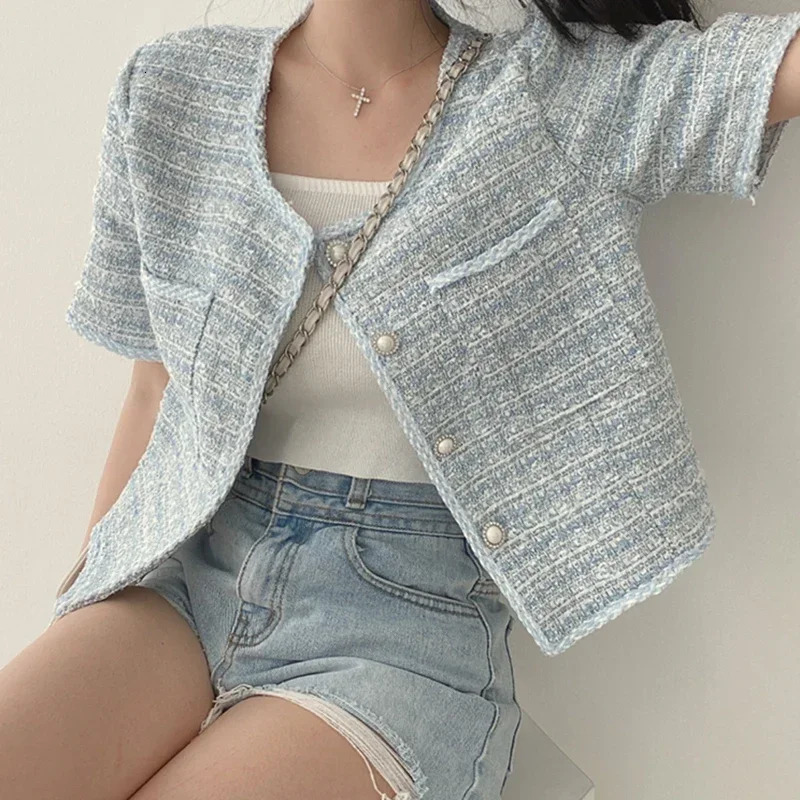 HELIAR Women Single-breasted Cardigan Coat Elegant Tweed Jacket With Pockets Female Short Sleeve Chic Outwear Spring Summer 240704