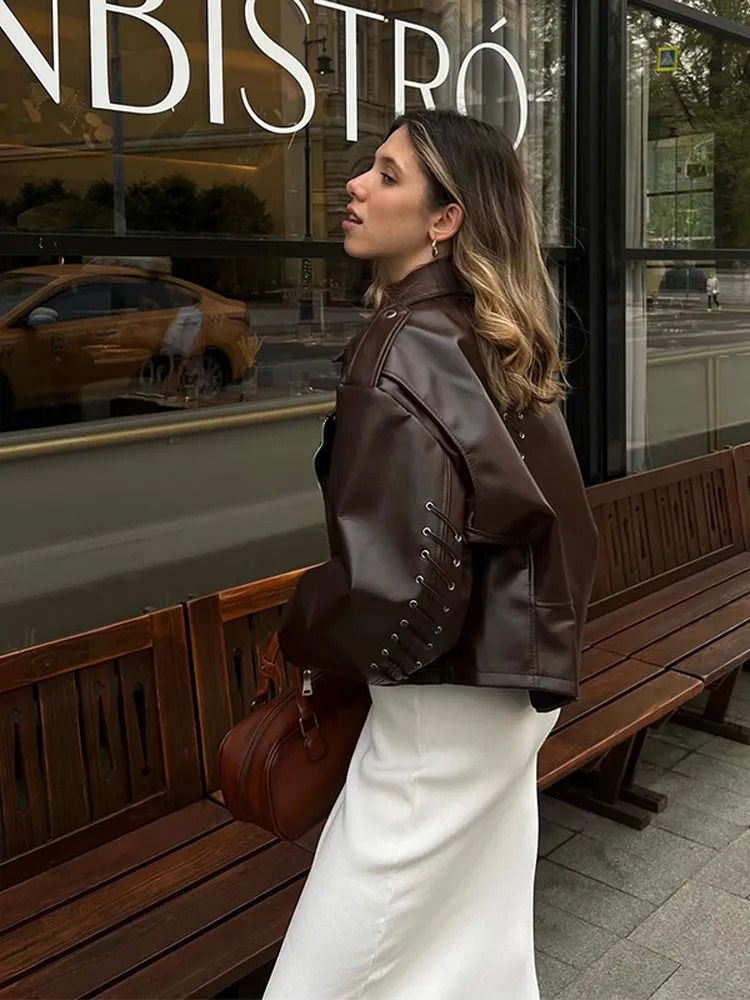 Elegant Wine Red Cropped Leather Jacket For Women Fashion Turndown Collared Long Sleeve Coat Spring Chic Streetwear Outfit 240712