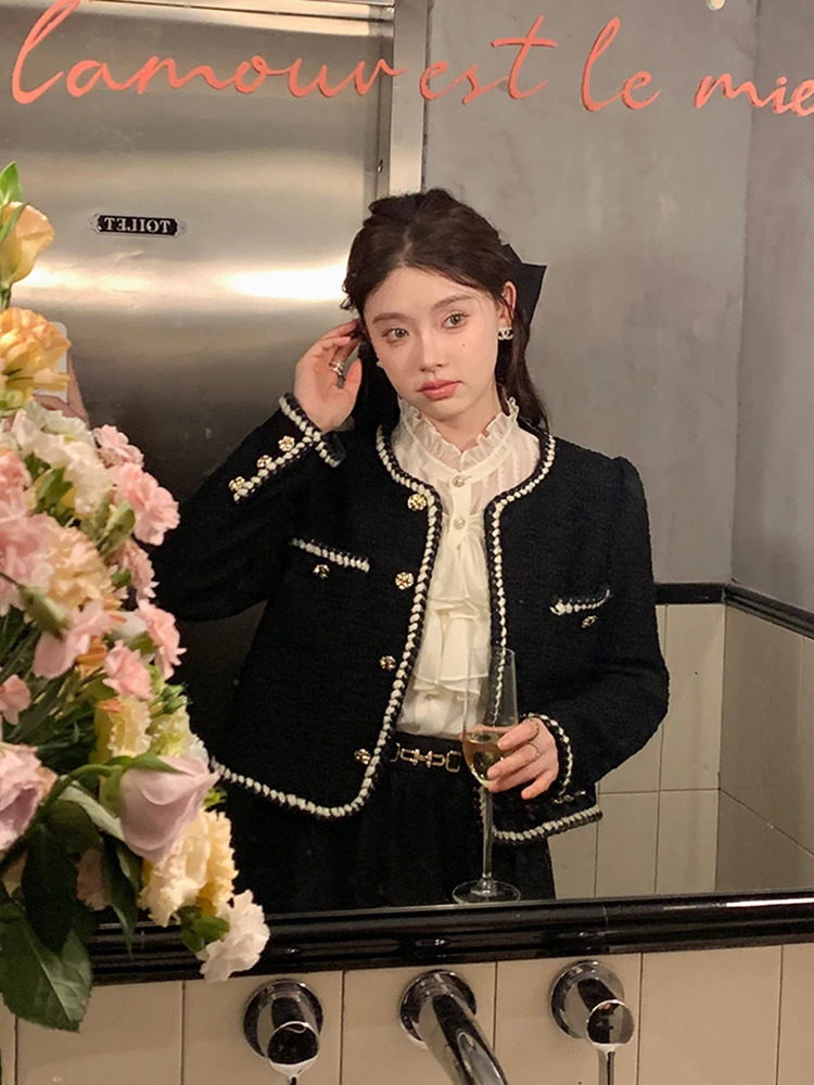 Zoki Sweet Vintage Tweed Jacket Women Elegant French Cropped Coat Casual Long Sleeve Simple All Match Retro Female Outwear Tops 240704