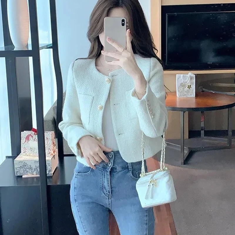 Rimocy Korean Fashion Tweed Cropped Jackets for Women Spring Round Neck Chic Coat Woman Beige Single-Breasted Jacket Female 240712