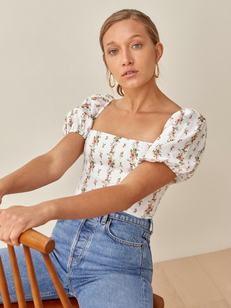 308 # Ref Linen Printed Square Neck Top 2020 Summer New French Style Women's Clothing Temperament Waist Short Self-cultivation Sexy Round Neck Dr