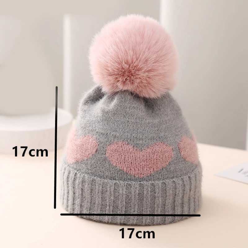 Fuax fur puffy baby hat heart-shaped printed knitted autumn and winter newborn baby bean hat warm crochet girl boy hatW240713