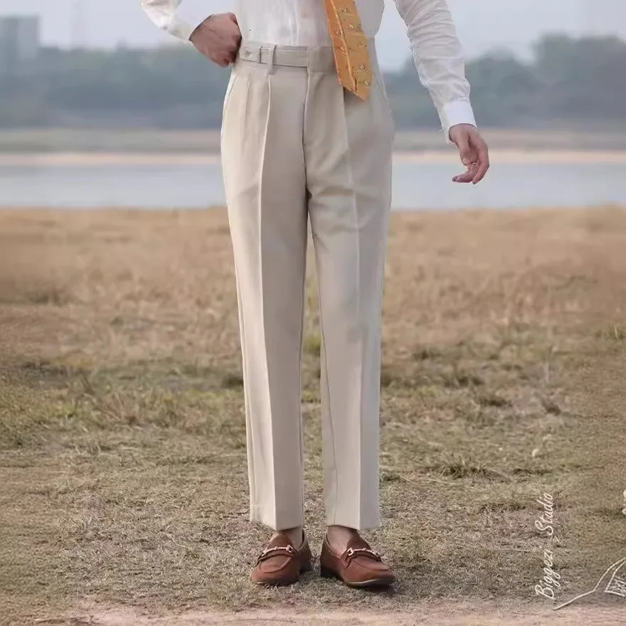 Italian Style Casual High-waisted Straight-leg Pants For Men Comfortable Breathable Paris Buckle Trousers Elegant Trendy 240708