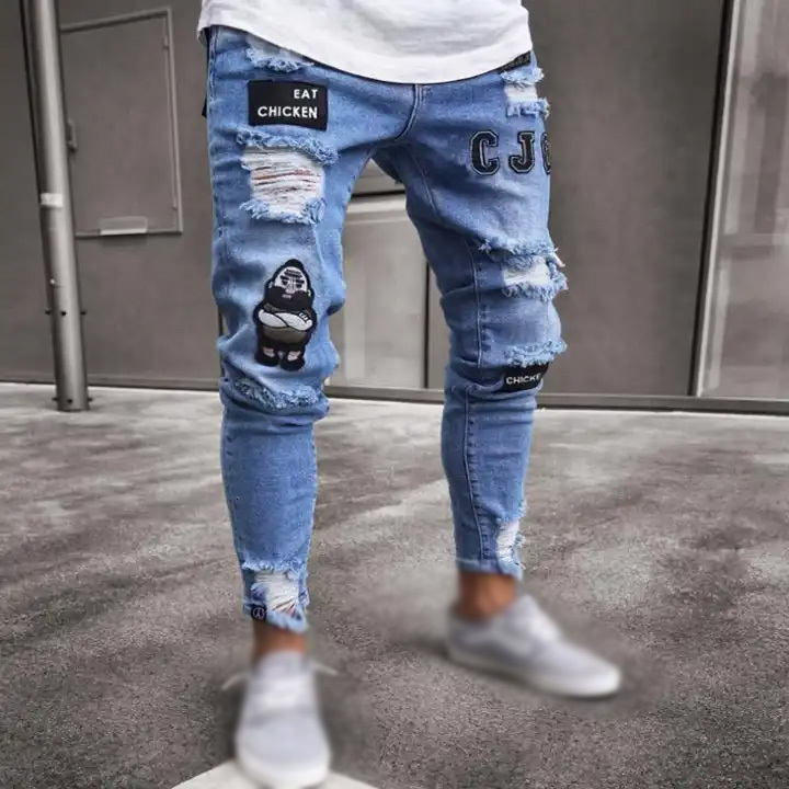 0.1 Sample Men's Fit Knee Hole Distressed Shabby Badge Pants Art Patches Skinny Biker White Jeans Slim Trousers