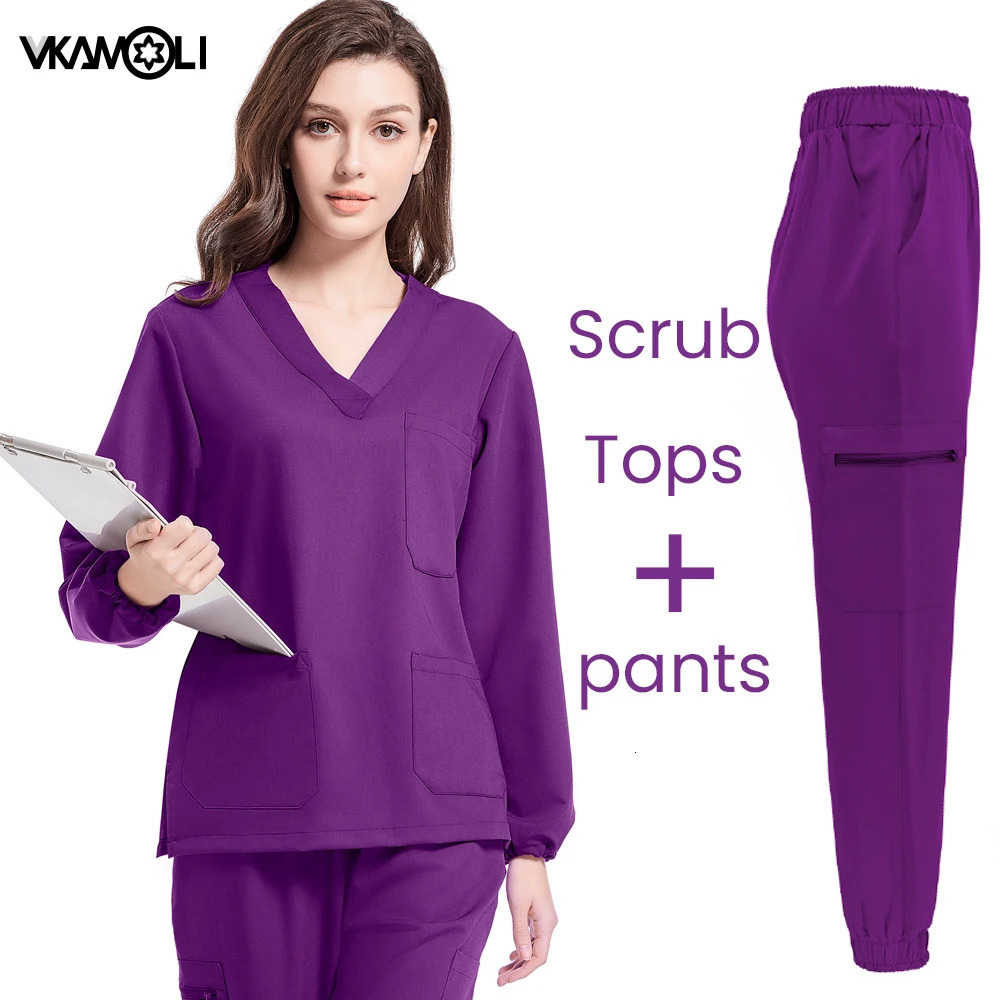 Solid color elastic fabric Long sleeved scrubs tops scrub pants jogger Dental pharmacy laboratory operating room work uniform 240708