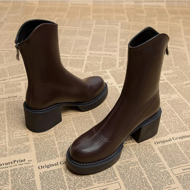 Heeled Footwear Womens Ankle Boots Work Very High Heels Brown Chunky Platform Short Shoes For Woman Waterproof Booties Black Pu 240708
