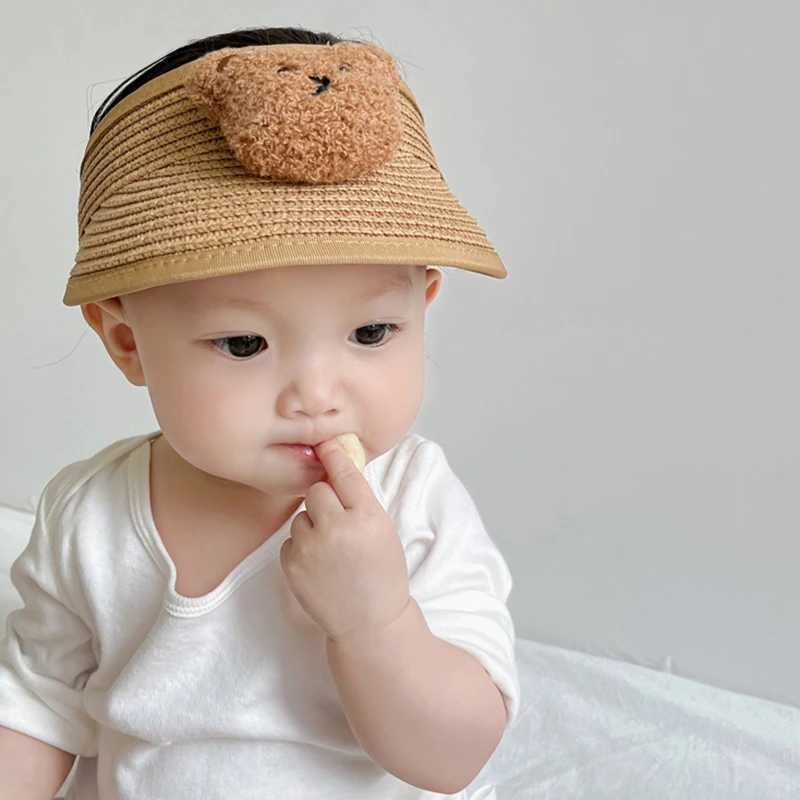 Cute cartoon bear summer baby straw hat for children adjustable hats for boys and girls outdoor children sun hat breathable hat for childrenW240713