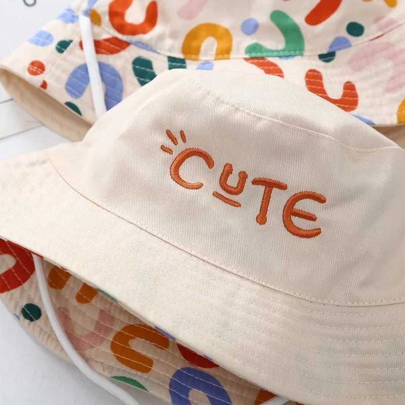 Double sided baby bucket hat with cute embroidered letters for children boys and girls fishermans Panama hat summer outdoor childrens sun hatW240713