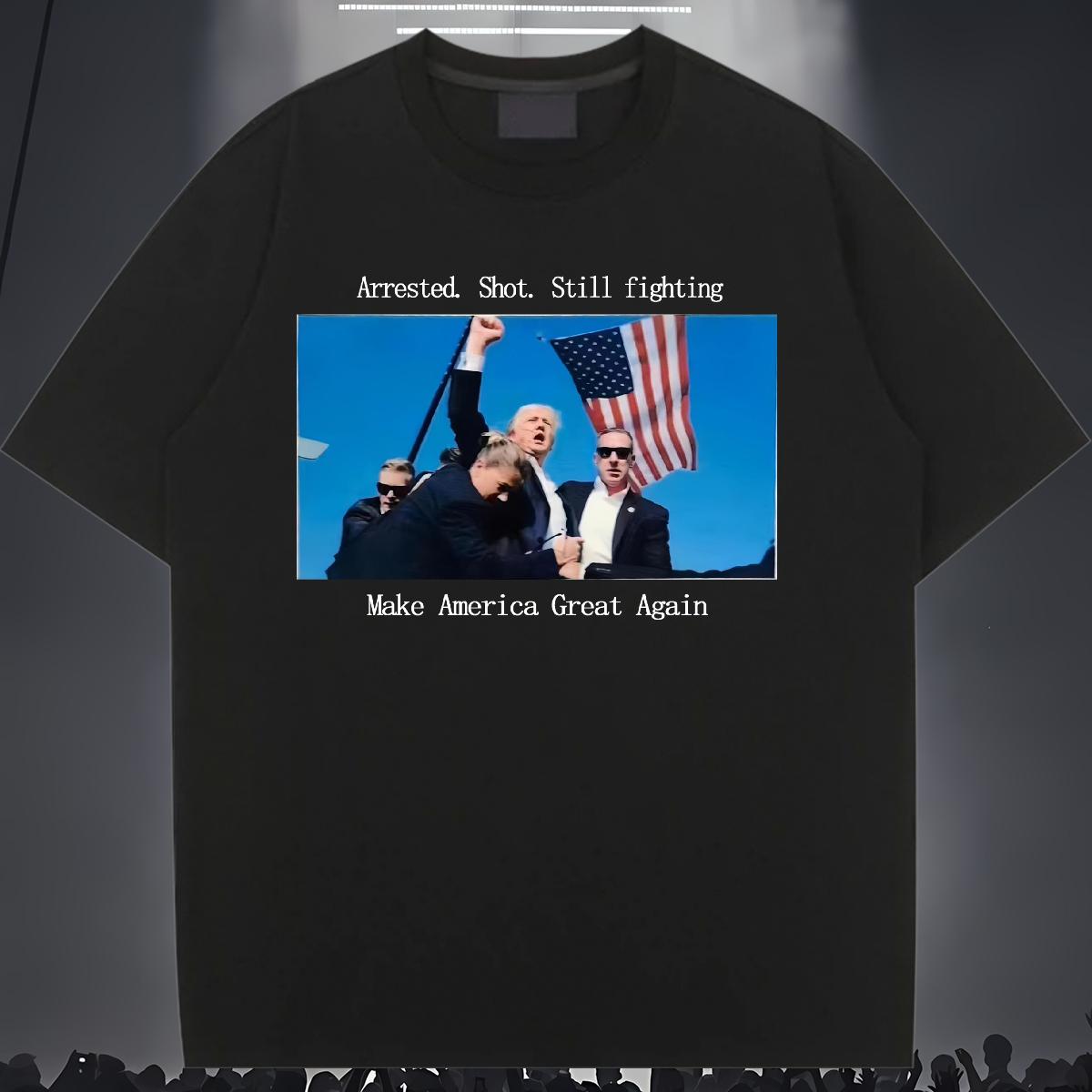 Classic Women T Shirts Arrested. Shot. Still fighting Street Crew Neck Cotton Breathable 230g Cotton Unisex Tshirts Black Oversized Lady Tops Shirt