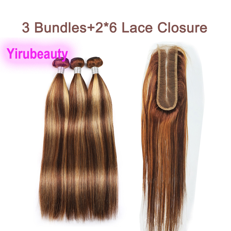 Brazilian Indian Raw Virgin Human Hair Wefts 3 Bundles With 2X6 Lace Closure P4/27 Piano Color Straight 4 Pieces/lot