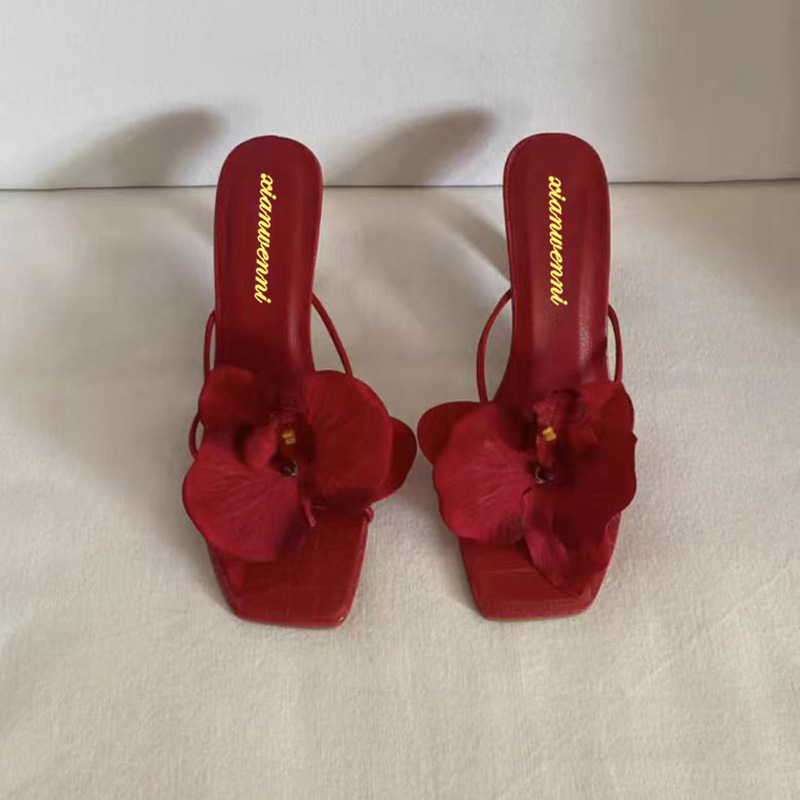 Elegant style red high heels women's 2024 new flower clip toe high heels summer with skirt wear high heeled sandals