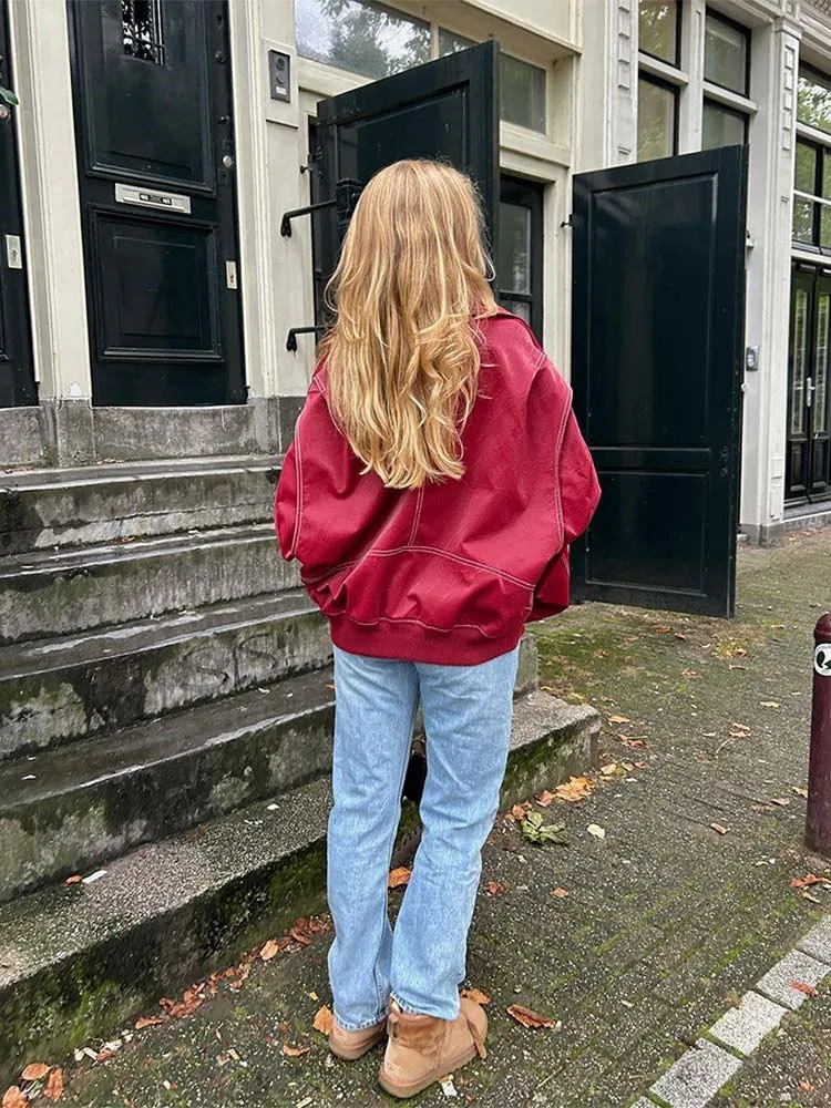 Women Chic Contrast Stitching Red Jacket Fashion Lapel Long Sleeve Zippered Leather Coat Autumn Female Elegant Streetwear 240712