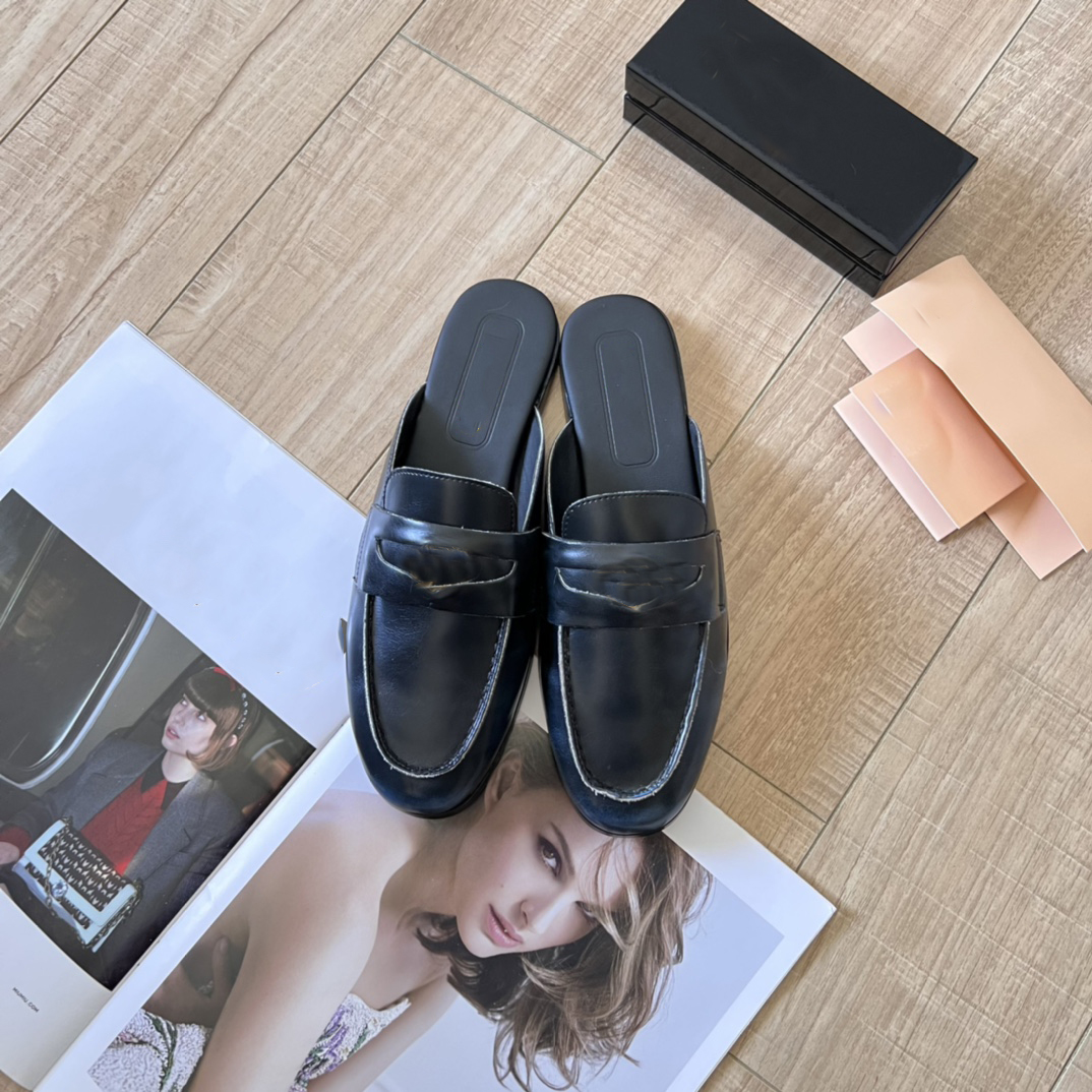 shoes Genuine Free shipping designer leather gold buckle high quality flat slippers black brown Lhshoe