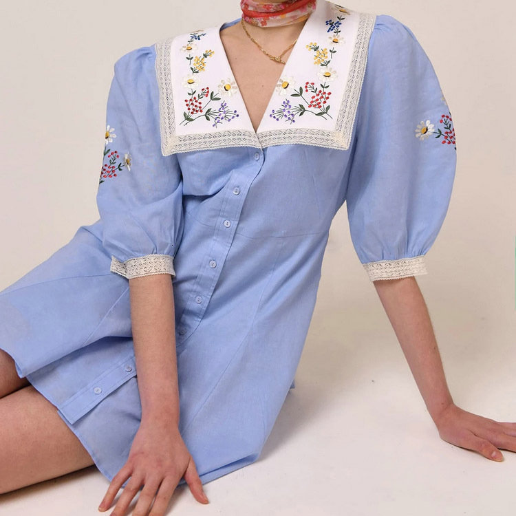 360 short skirt linen blue high waisted cardigan printed temperament commuting dress French women's clothing