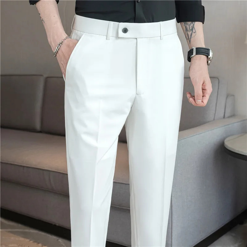 Summer Suit Pants Solid Color Korean Slim Smart Casual Ankle-Length Pants Men Wedding Dress Office Suit Trousers Man 240708