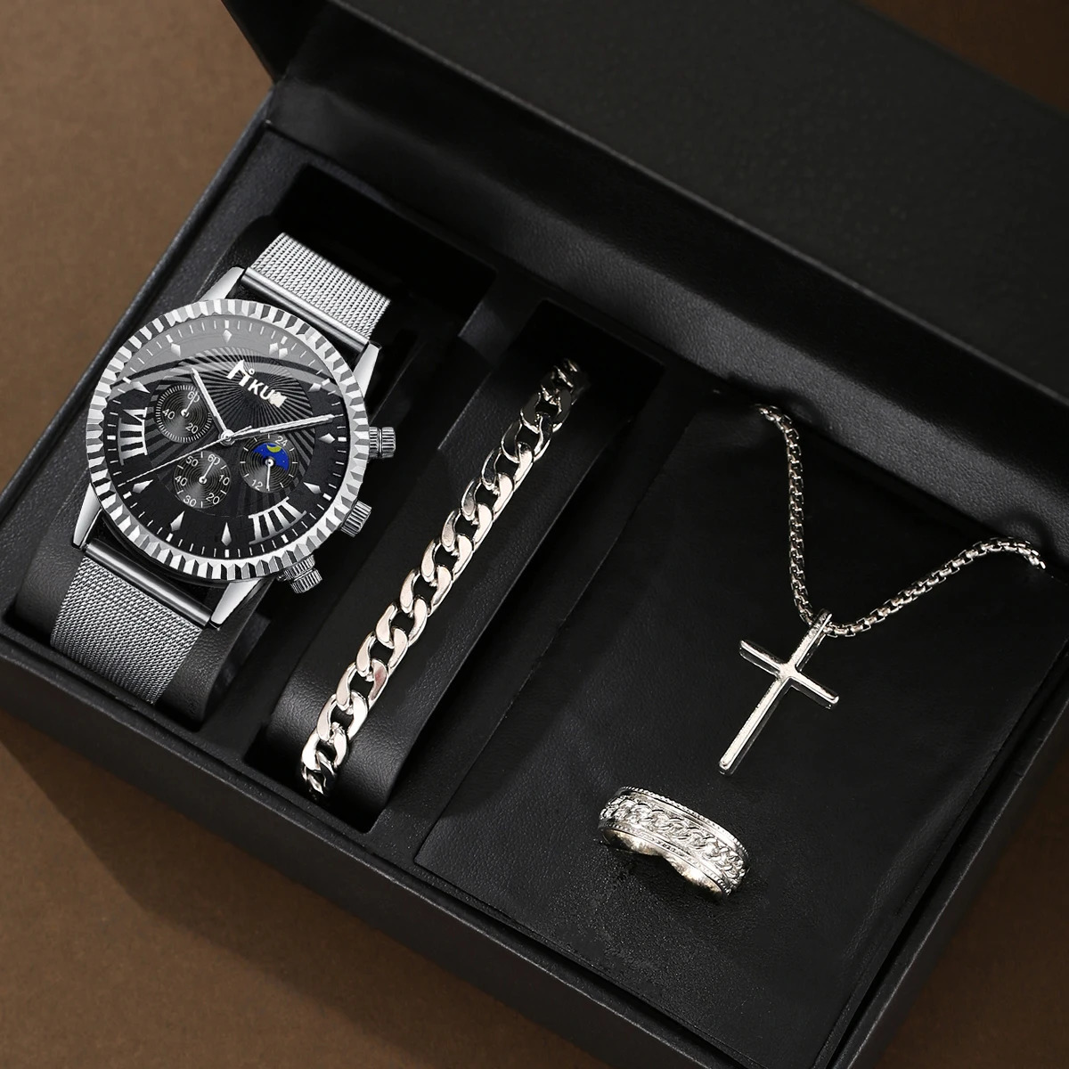 The latest mens fashion mechanical leather belt quartz watch Cross threepiece set 240709