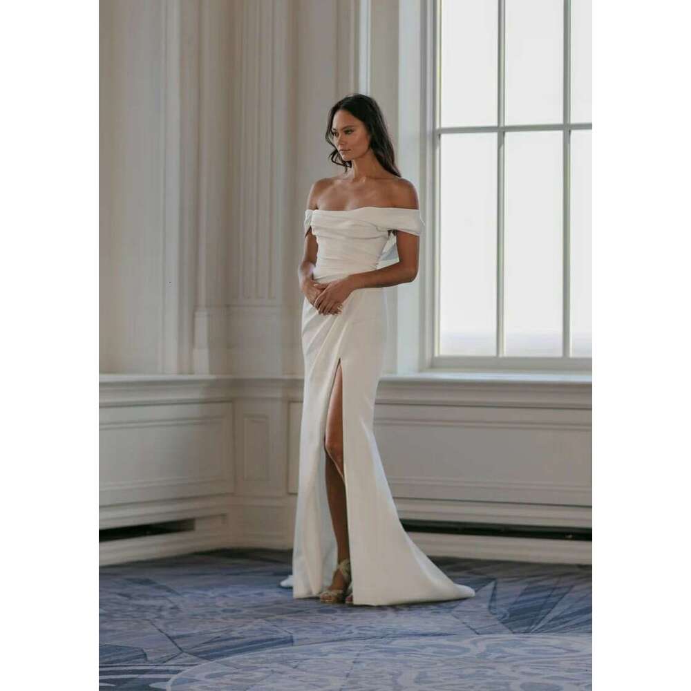 Simple Off The Shoulder Pleat Soft Satin Mermaid Wedding Dresses Side Slit Custom Made Formal Bridal Grown 2024 Rode De Morrie