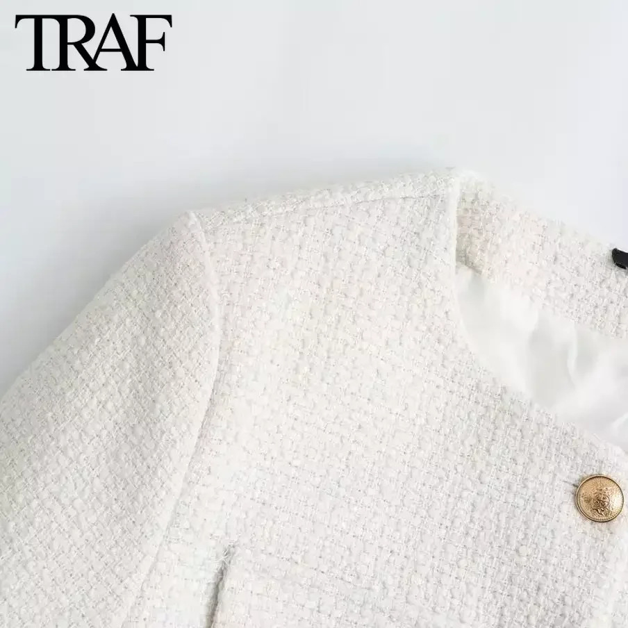 TRAF Women Fashion Spring Flip Pocket Jacket Single-breasted Crewneck Tweed Short Coats Chic Ladies Tops Mujer 240704