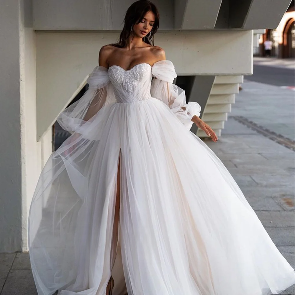 Sirene Beach Sweetheart Wedding Dress With High Side Split Detachable Sleeves Boho A-e Bride Gown Backless Tulle Button Train