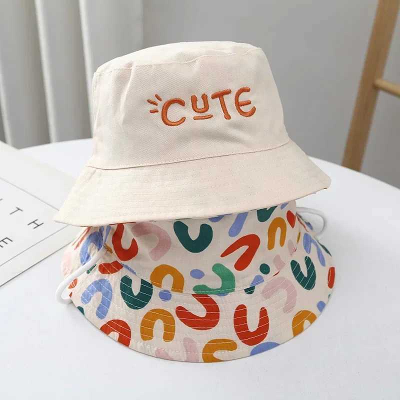 Double sided baby bucket hat with cute embroidered letters for children boys and girls fishermans Panama hat summer outdoor childrens sun hatW240713