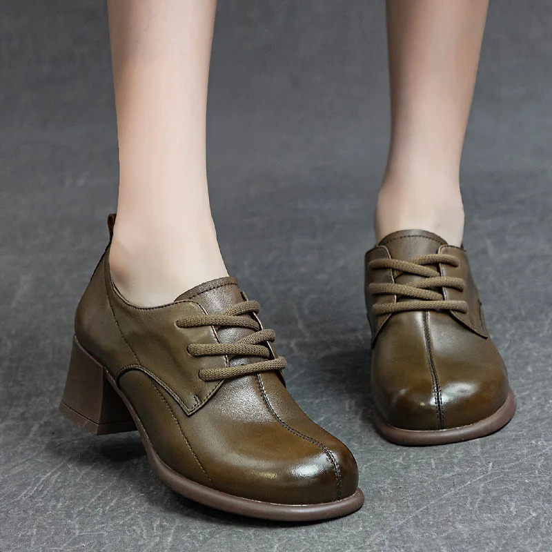 Koznoy 5cm Retro British Moccasins Cow Genuine Leather Platform Wedge Rubber Lace Up Mary Jane Spring Autumn Women Natural Shoes 250227