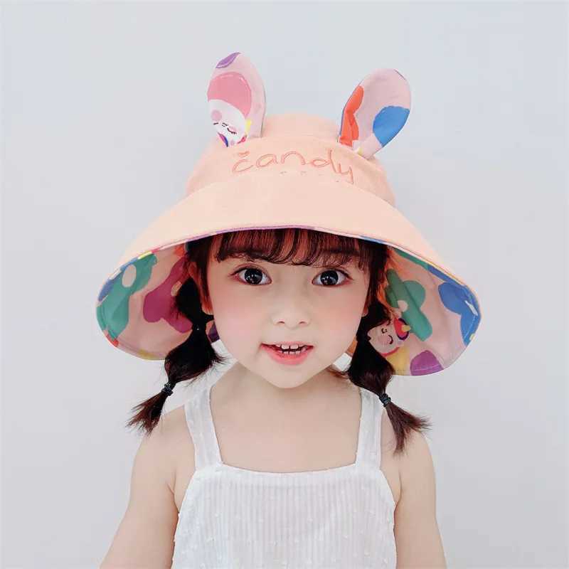 Adjustable baby bucket hat girls sun hat cute rabbit childrens empty top hat big Brim childrens beach hat hatW240713