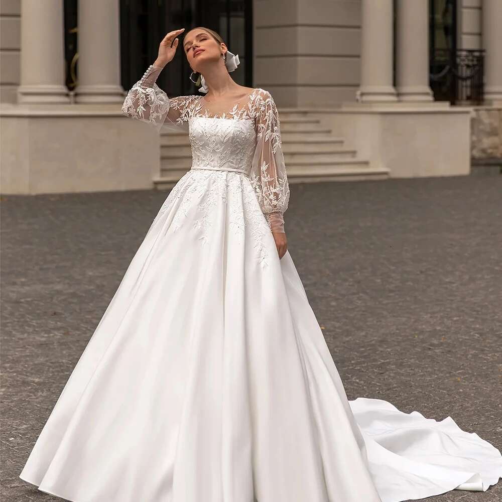 Lace Appliques Wedding Dresses A E Fuffy Ruched Satin Ball Gowns Long Sleeve Formal Bride Beach Party Vestido De Novia 0213