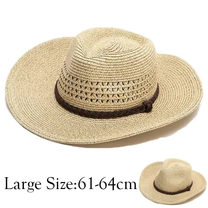 Big Head xxxxl 62cm Straw Hat Men Hollow Out Summer Outdoor Sun Panama Beach Windproof Rope Large Hats 240709