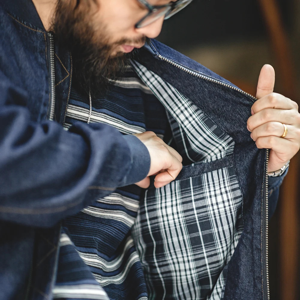 Maden Men Vintage Baseball Collar Bomber Jackets Denim MA-1 Flight Jacket 8.9OZ Casual Windbreaker Coats Mens Clothing 240712