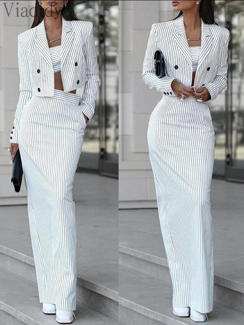Women Casual Long Sleeve Striped Blazer Coat and High Waist Slit Skirt 2pcs Set 240704