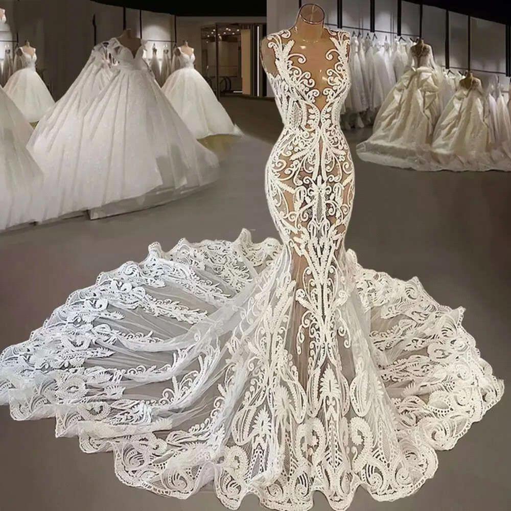 Sexy Transparente Lace Applique Mermaid Jewel Sleeveless Court Train Wedding Dresses Bc19191 0213