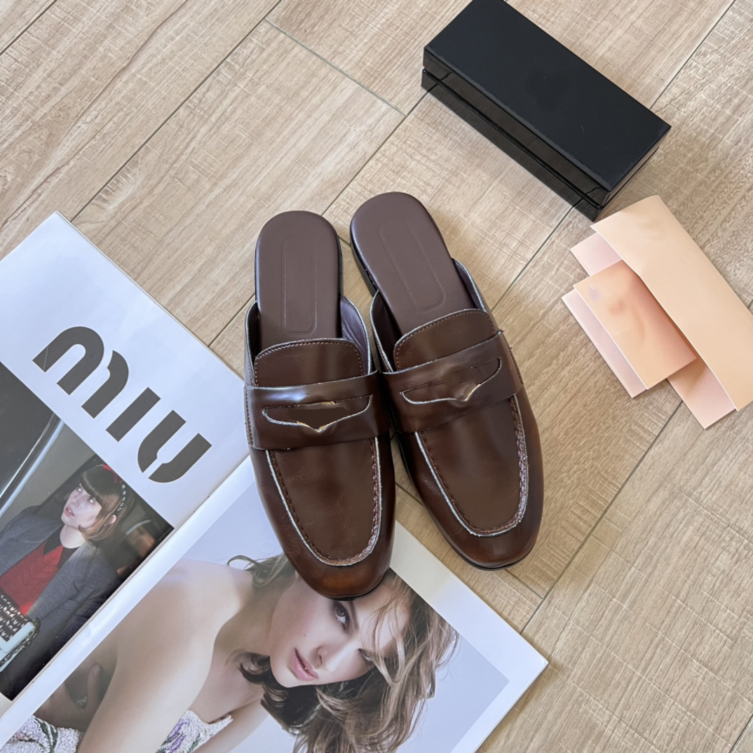 shoes Genuine Free shipping designer leather gold buckle high quality flat slippers black brown Lhshoe