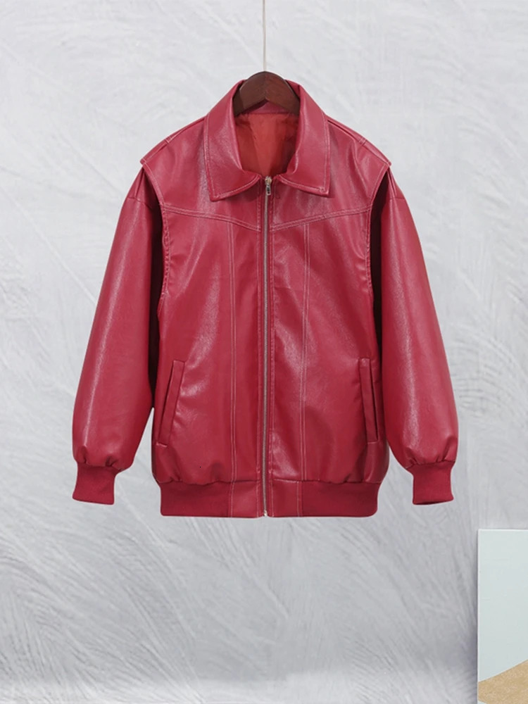 Women Chic Contrast Stitching Red Jacket Fashion Lapel Long Sleeve Zippered Leather Coat Autumn Female Elegant Streetwear 240712