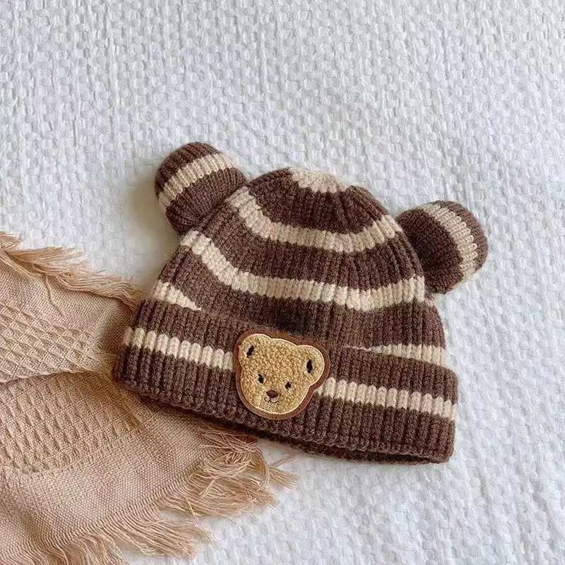 New pattern teddy bear ears baby newborn knitted autumn and winter childrens hats keep warm hats winter wool yarn cuteW240713