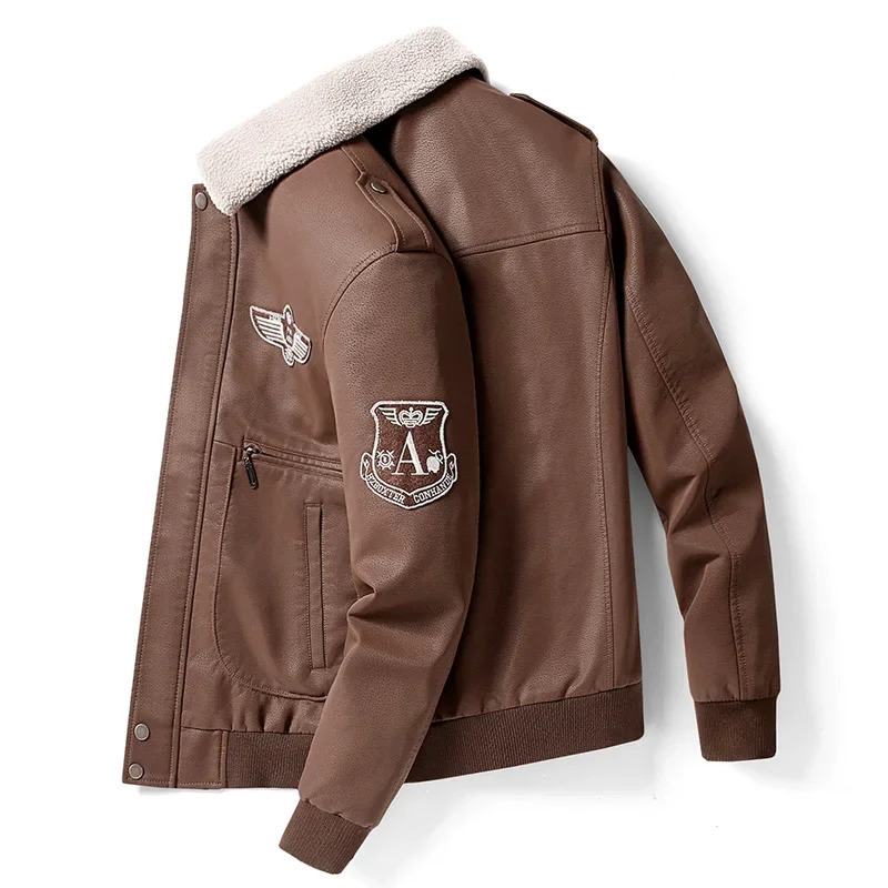 MaiDangDi Embroidered Jacket Autumn and Winter with Plush Suede Collar Multiple Pockets Fashionable Leather for Mens 240711