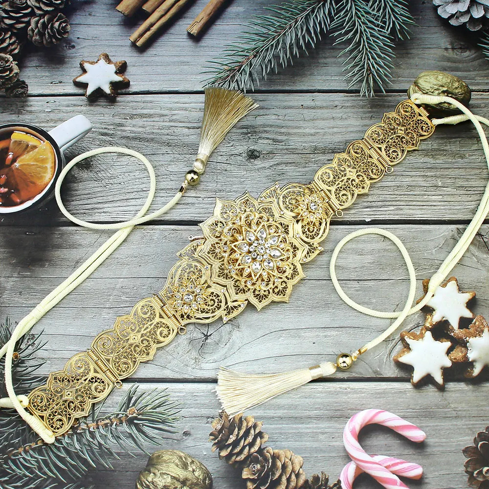 Sunspicems Gold Color Morocco Caftan Womens Bracelet Belt Hollow Star Arabic Bridal Wedding Jewelry 240710