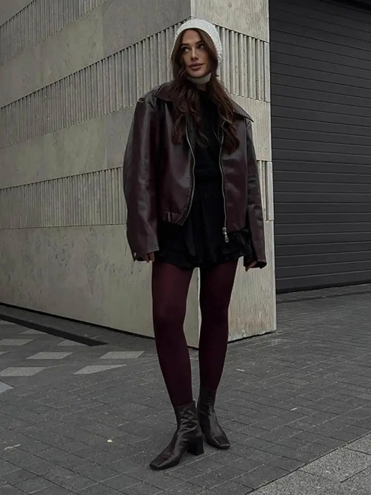 Vintage Lapel Zippers Spliced Leather Jacket Women Overtised Long Sleeve Double Pockets Coat Female Autumn Street Outerwear 240712