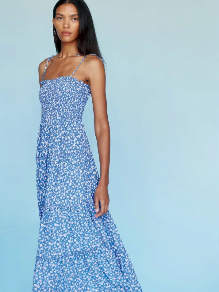 514 summer new item 2022 blue printed long slim fit camisole dress French women's clothing