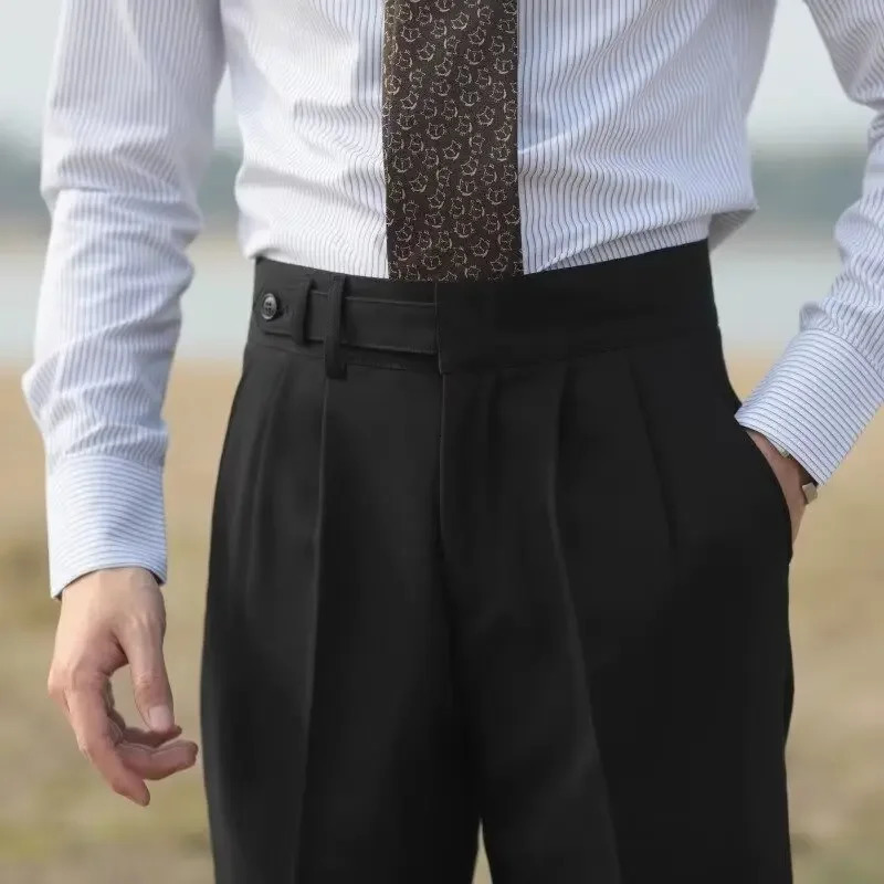 Italian Style Casual High-waisted Straight-leg Pants For Men Comfortable Breathable Paris Buckle Trousers Elegant Trendy 240708