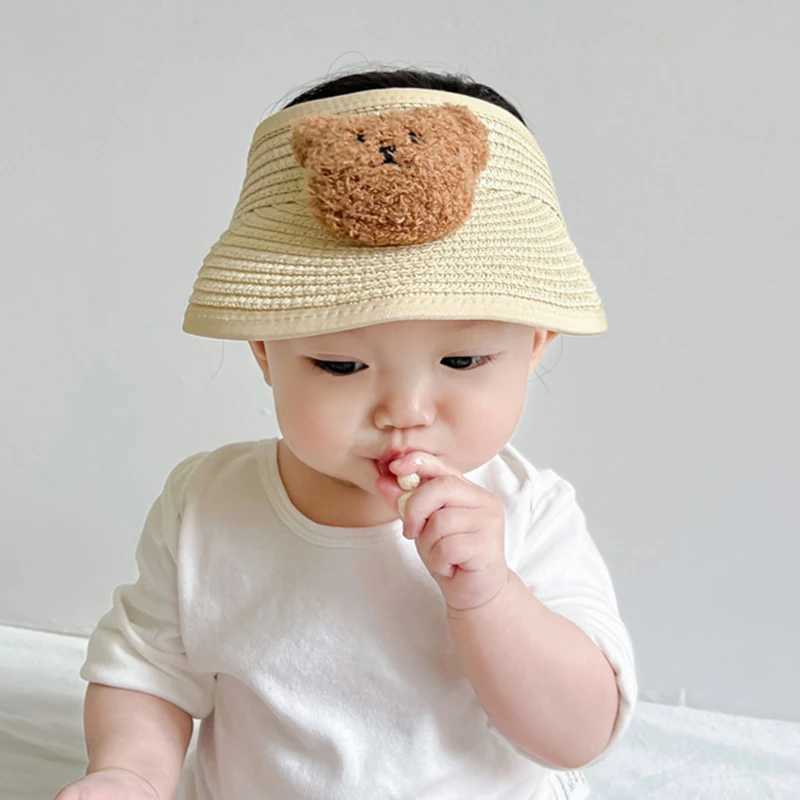 Cute cartoon bear summer baby straw hat for children adjustable hats for boys and girls outdoor children sun hat breathable hat for childrenW240713