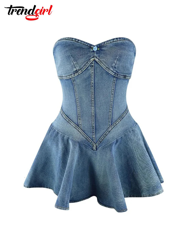 Trendgirl Blue Denim Stretch Strapless Off Shoulder Pleated Dress Sexy Club Outfit for Women Clothing Summer Birthday Jean Robe 240705