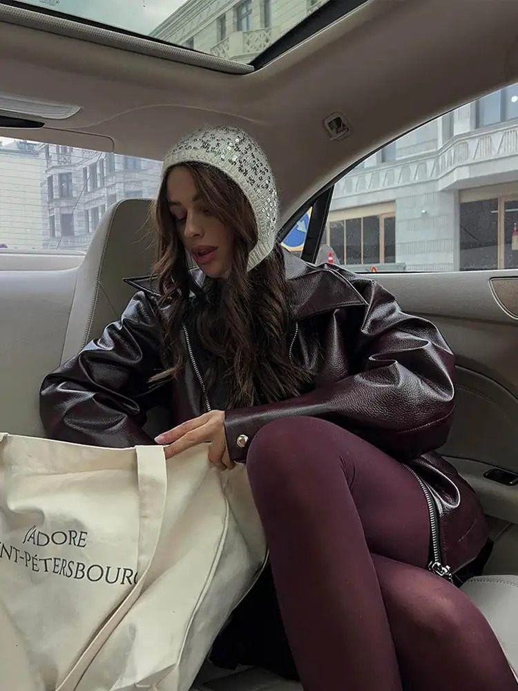 Vintage Lapel Zippers Spliced Leather Jacket Women Overtised Long Sleeve Double Pockets Coat Female Autumn Street Outerwear 240712