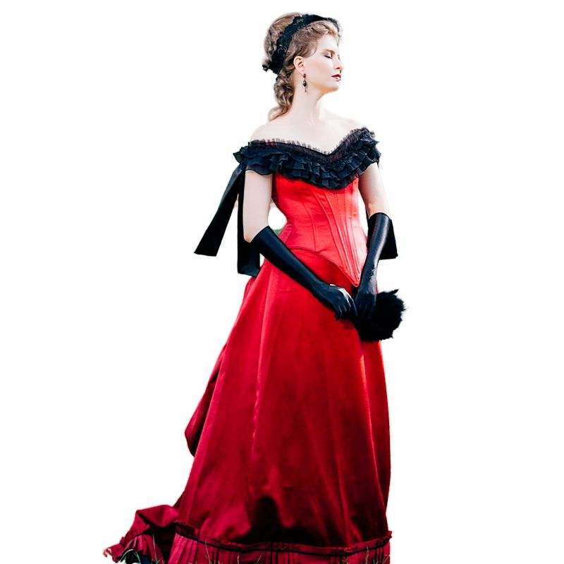 Black and Red Medieval Wedding Dresses Ruched Ruffle V-Neck Off Shoulder Long Corset Bridal Gowns Vintage Victorian Gothic Satin Wedding Dress