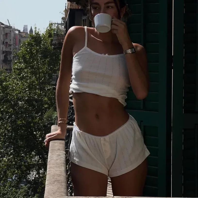 y2k Aesthetic Fairy Kawaii Women Outfits 2 Pcs Sets Spaghetti Strap Sleeveless Crop Top Button Short 00s Matching Homewear 240704