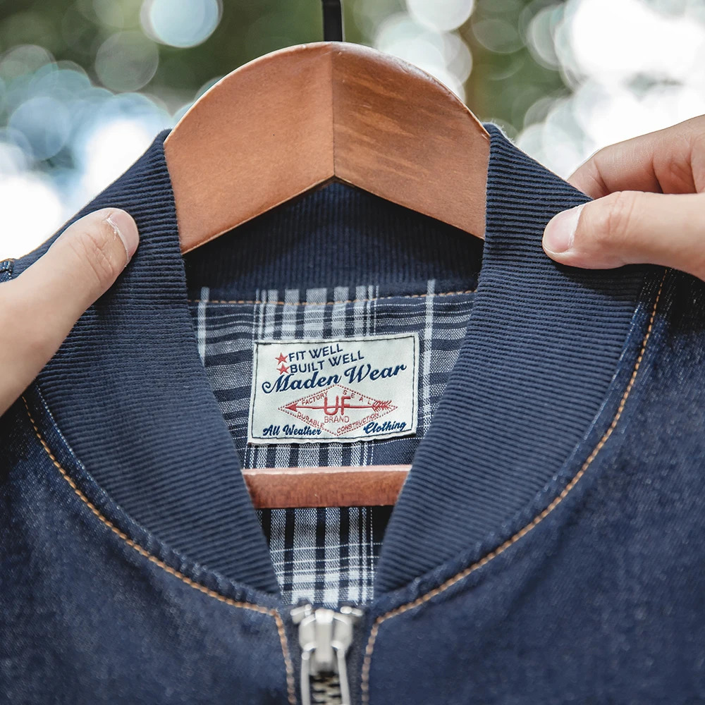 Maden Men Vintage Baseball Collar Bomber Jackets Denim MA-1 Flight Jacket 8.9OZ Casual Windbreaker Coats Mens Clothing 240712