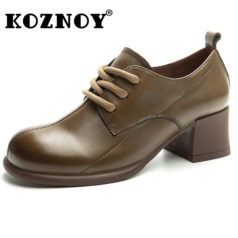 Koznoy 5cm Retro British Moccasins Cow Genuine Leather Platform Wedge Rubber Lace Up Mary Jane Spring Autumn Women Natural Shoes 250227
