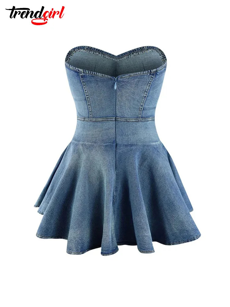 Trendgirl Blue Denim Stretch Strapless Off Shoulder Pleated Dress Sexy Club Outfit for Women Clothing Summer Birthday Jean Robe 240705