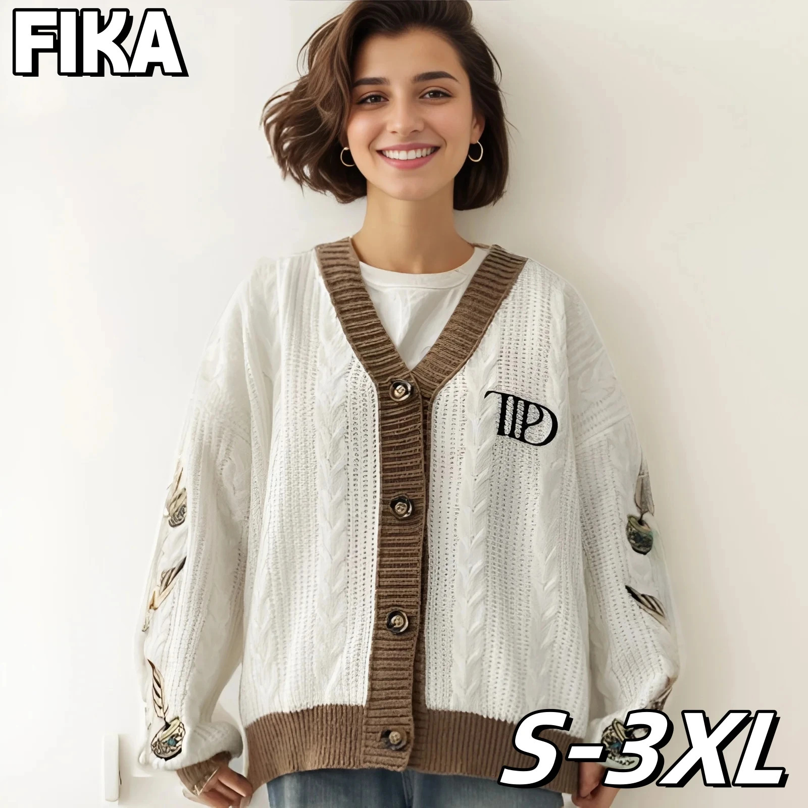 Autumn Women Trend High Quality Loose Fitting Floral Embroidered Knitted Cardigan Y2k Regulai Fit Beige Cardigans Female 240712