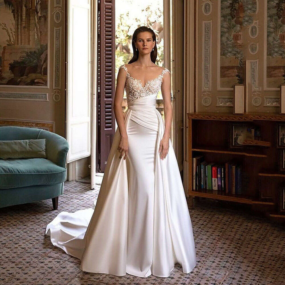 Country Gorgeous Mermaid Wedding Dress Overskrit Cap Sleeves Elegant Lace Appliques Satin Peats Bride Dresses De Novia es