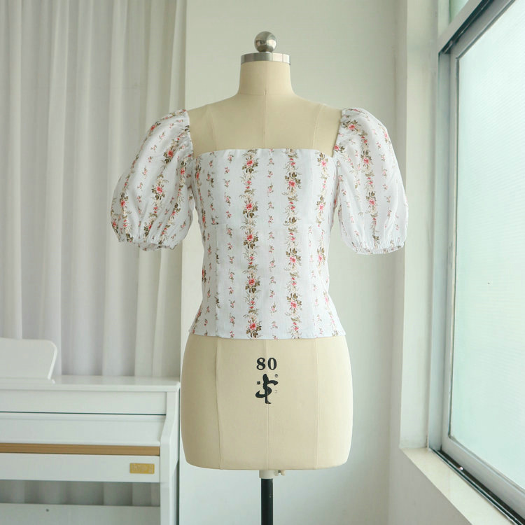 308 # Ref Linen Printed Square Neck Top 2020 Summer New French Style Women's Clothing Temperament Waist Short Self-cultivation Sexy Round Neck Dr